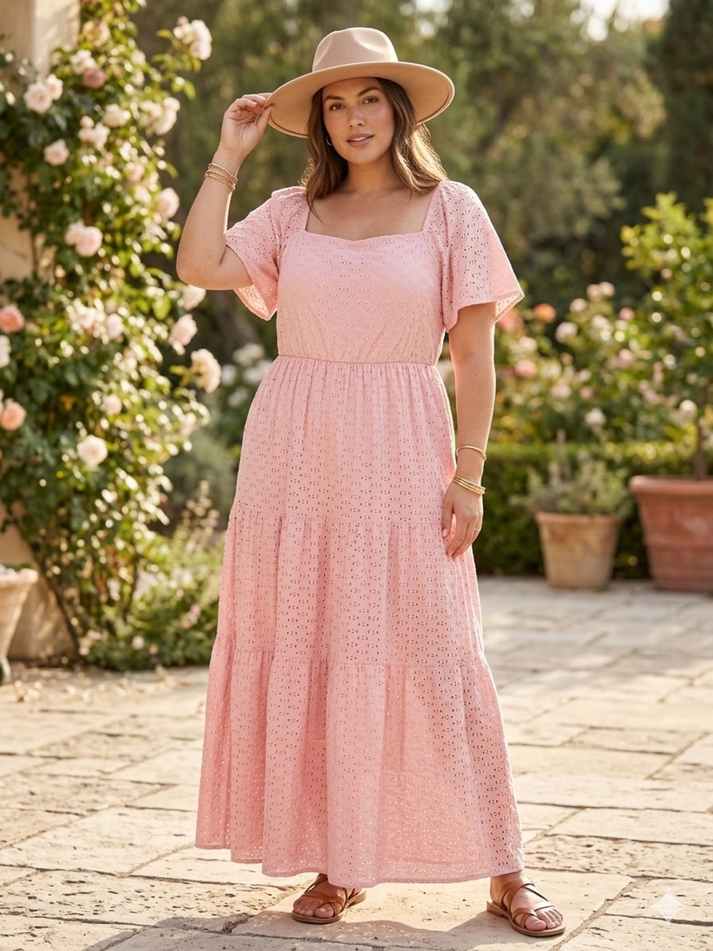Haptics by Holly Harper Woman’s Dusty Pink Eyelet Lace Tiered Maxi Dress Size 1X